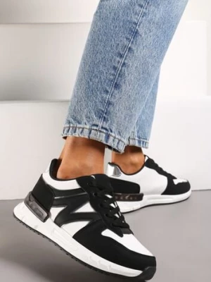 Czarno-Białe Płaskie Sneakersy ze Sznurowaniem z Metalicznymi Wstawkami Remarie