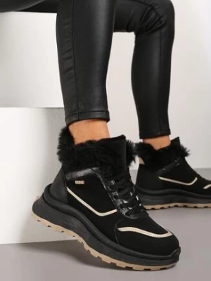 Czarne Płaskie Trapery Sneakersy z Metaliczną Wstawką i Futerkiem Adelanora