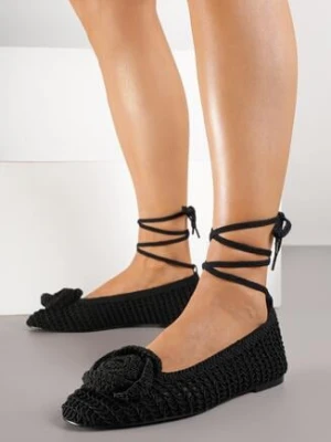 Czarne Plecione Balerinki Vices z Aplikacją i Wiązaniem Erlemia