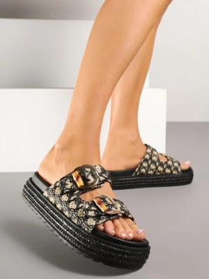Czarne Plecione Klapki na Grubej Podeszwie ze Sprzączkami Sonisea mulanka