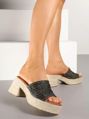 Czarne Plecione Klapki na Słupku i Platformie Rivabia