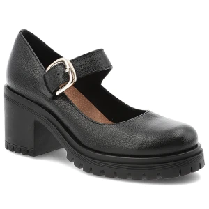 Półbuty damskie Armdo, na klocku skórzane eleganckie zapinane sprzączką z okrągłym noskiem, czarne, 20166 Armodo