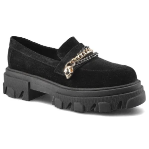 Półbuty damskie Carinii, Wykonane z miękkiego materiału zamszowego z gładką cholewką klasycznym wycięciem ozdobnym łańcuszkiem z metalowym detalem or