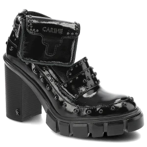 Półbuty damskie Carinii, lakierowana cholewka z dekoracyjnymi nitami regulowany pasek z klapą stabilny wysoki obcas, czarne, B7934-070-000-000-E98