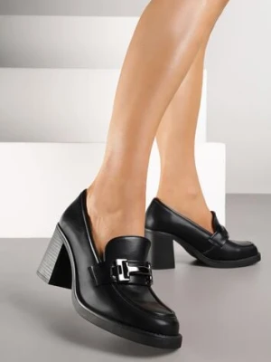 Czarne Półbuty Mokasyny na Słupku z Wkładką ze Skóry Naturalnej i Aplikacją Tulelia super mode