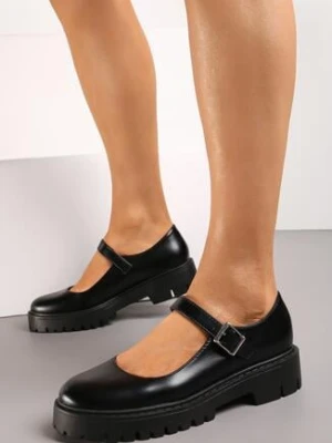 Czarne Półbuty na Grubej Podeszwie z Ekoskóry Zapinane na Sprzączkę Marilni