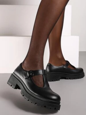 Czarne Półbuty na Grubej Tłoczonej Platformie z Ozdobnymi Paskami i Sprzączkami Vaimiraea