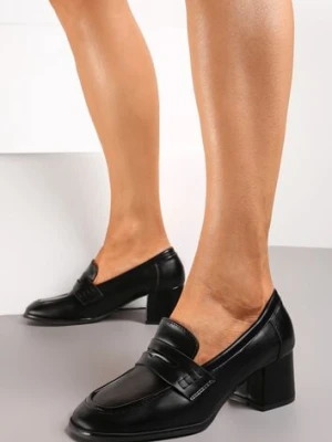 Czarne Półbuty na Niskim Słupku z Ozdobnym Paskiem i Kwadratowym Noskiem Porride