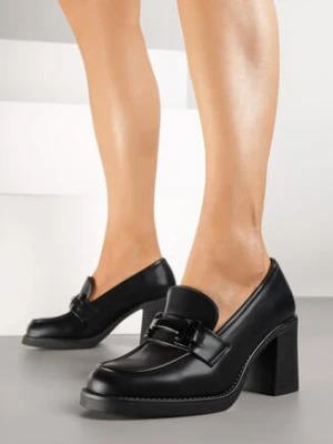 Czarne Półbuty na Obcasie w Stylu Mokasynów ze Skórzaną Wkładką i Klamrą Tuliora super mode