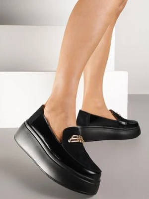 Czarne Półbuty na Platformie i Koturnie ze Skóry Naturalnej z Metaliczną Aplikacją Takaria goodin