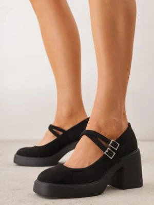 Czarne Półbuty na Słupku z Podwójnym Paskiem z Cyrkoniowymi Klamrami Nerilin lady glory
