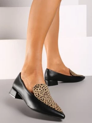 Czarno-Beżowe Półbuty Typu Loafersy ze Szpiczastym Noskiem na Niskim Słupku Tillea