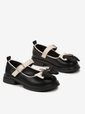 Czarne Półbuty z Ekoskóry na Płaskiej Podeszwie z Kokardą i Koroną Realit