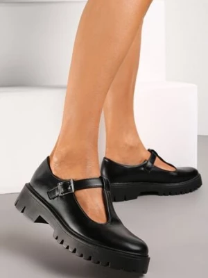 Czarne Półbuty z Ekoskóry na Płaskim Obcasie ze Sprzączką Frisena