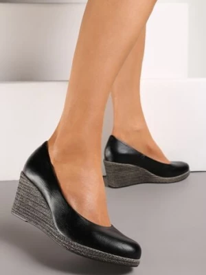 Czarne Czółenka Vices ze Skórzaną Wkładką na Plecionym Koturnie Serapne