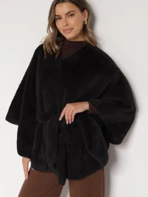 Czarne Ponczo z Futerkiem i Wiązanym Paskiem Monalena