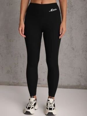 Czarne Prążkowane Legginsy High Waist z Haftowanym Napisem z Boku Eunedeia romee's