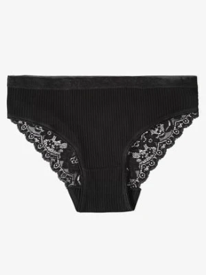 Czarne Prążkowane Majtki Figi z Bawełny Zdobione Koronką Erwelia han
