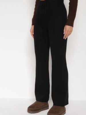 Czarne Prążkowane Spodnie z Wełną o Szerokim Kroju z Wysokim Stanem Reinnia