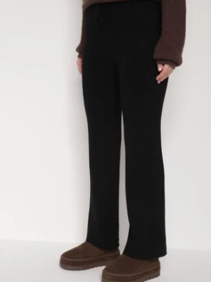 Czarne Prążkowane Spodnie z Wełną o Szerokim Kroju z Wysokim Stanem Reinnia