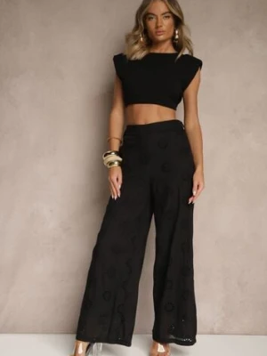 Czarne Proste Spodnie z Bawełny z Haftem i Ażurowymi Zdobieniami Tolazia rosa