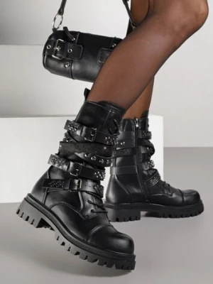 Czarne Rockowe Botki Workery Zdobione Nitami i Sprzączkami Zarumia marquiiz
