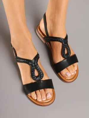 Czarne Sandały Boho z Plecionym Paseczkiem i Zapięciem na Sprzączkę Deliven mulanka