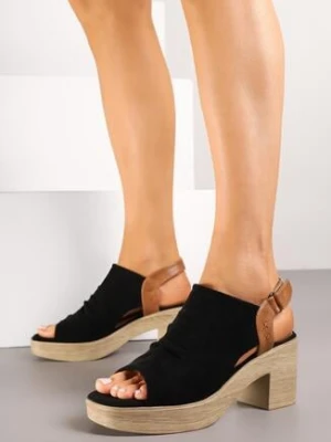 Czarne Sandały Drewniaki na Słupku z Marszczoną Cholewką Griane potocki