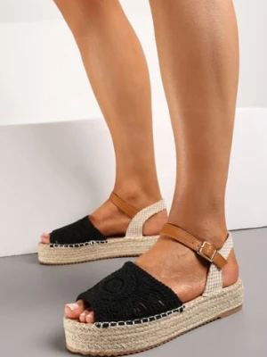 Zdjęcie produktu Czarne Sandały Espadryle z Plecionym Noskiem Peep Toe i Jutową Platformą Drelpa