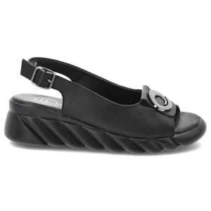 Sandały damskie Filippo, skórzane eleganckie na koturnie z ozdobą ze sprzączką, czarne, DS7011-25-BK