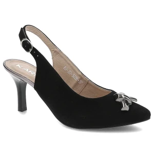 Sandały damskie Karino, naturalna skóra licowa z odkrytą piętą i regulowanym paskiem na sprzączce spiczastym noskiem z metalową aplikacją oraz smukły