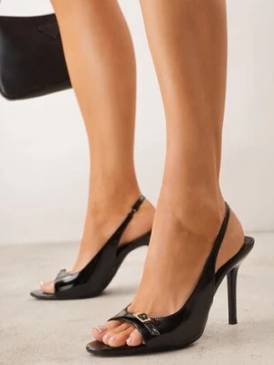 Czarne Sandały Lakierowane VICES na Szpilce Slingback z Metaliczną Klamrą Harmonia