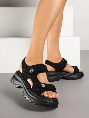 Czarne Sandały na Grubej Podeszwie z Tweedowym Wzorem i Guzikami Senalen