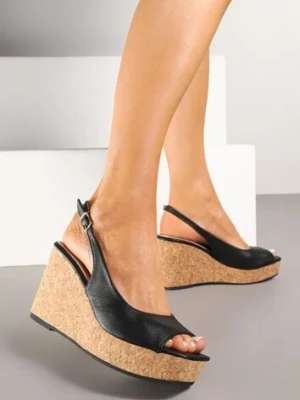 Czarne Sandały na Korkowej Platformie i Koturnie z Wkładką ze Skóry Naturalnej Natoni goodin