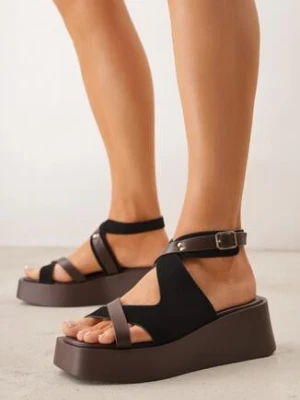 Czarne Sandały na Koturnie i Platformie Ozdobione Nitami i Wycięciami Merennea ideal