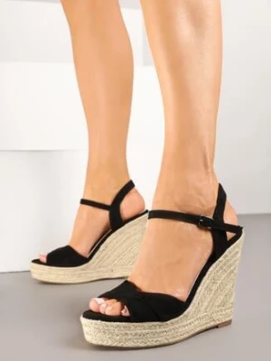 Czarne Sandały na Koturnie i Platformie ze Skórzaną Wkładką i Plecionką Nevalinne purlina