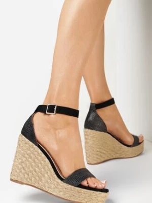 Czarne Sandały na Koturnie i Platformie ze Sznurka Jutowego Ignie