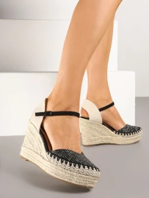 Czarne Sandały na Koturnie w Typie Espadryli Ozdobione Plecionką Akiora givana