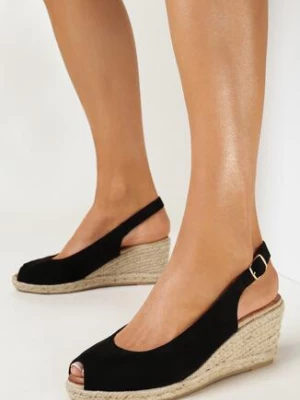 Czarne Sandały na Koturnie z Plecionką Heyan