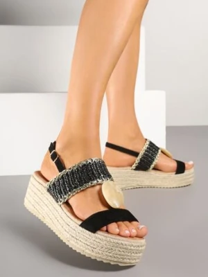 Czarne Sandały na Koturnie z Plecionką i Okrągłą Aplikacją Napine ciaodeo