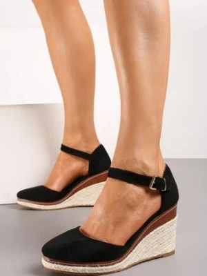 Czarne Sandały na Koturnie z Plecionki i Zapięciem na Sprzączkę Jessaln lady glory