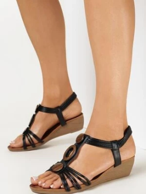 Zdjęcie produktu Czarne Sandały na Niskim Koturnie w Stylu Boho Silesa