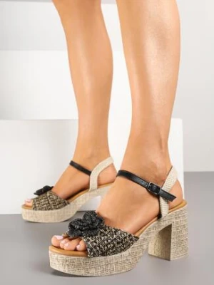 Czarne Sandały na Obcasie i Platformie z Plecionką i Aplikacjami 3D Melzedi super mode