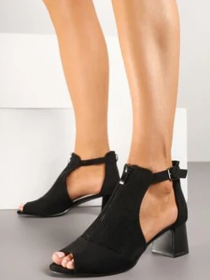 Czarne Sandały na Obcasie ze Skórzaną Wkładką Perforacją i Ozdobnym Suwakiem Ciarilva goodin