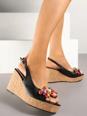 Czarne Sandały na Platformie i Koturnie ze Skórzaną Wkładką i Koralikami Vevarna goodin