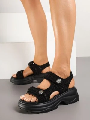 Czarne Sandały na Platformie z Guzikami Ozdobione Tweedem Nalavelle