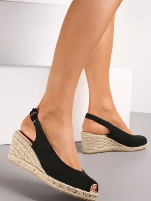 Czarne Sandały na Plecionej Koturnie Evetra
