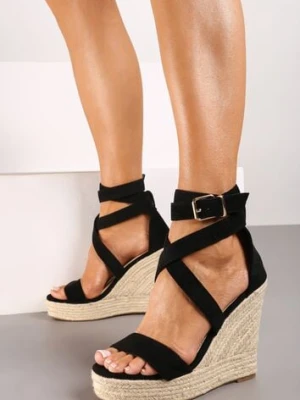 Czarne Sandały na Plecionym Koturnie i Platformie Tinami vices