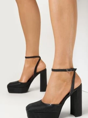 Czarne Sandały na Słupku i Platformie z Brokatem Sive