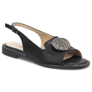 Sandały damskie S. Barski, eleganckie z ozdobą ze skóry ekologicznej na płaskim obcasie, czarne, KV51-083 S.Barski